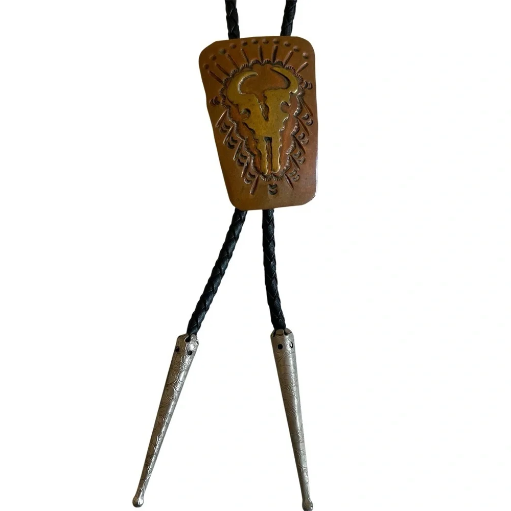 Vintage Western Leather Bolo Tie Skull Design Handmade Ranch Style Cowboy